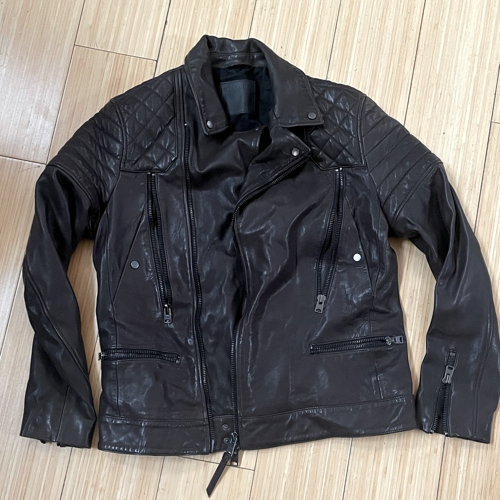 All Saints brown leather moto jacket